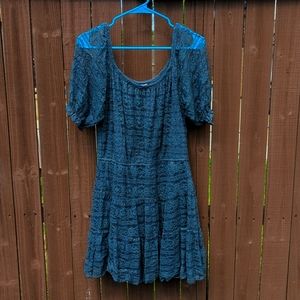 Dark grey blue lace long top with see through sleeves.